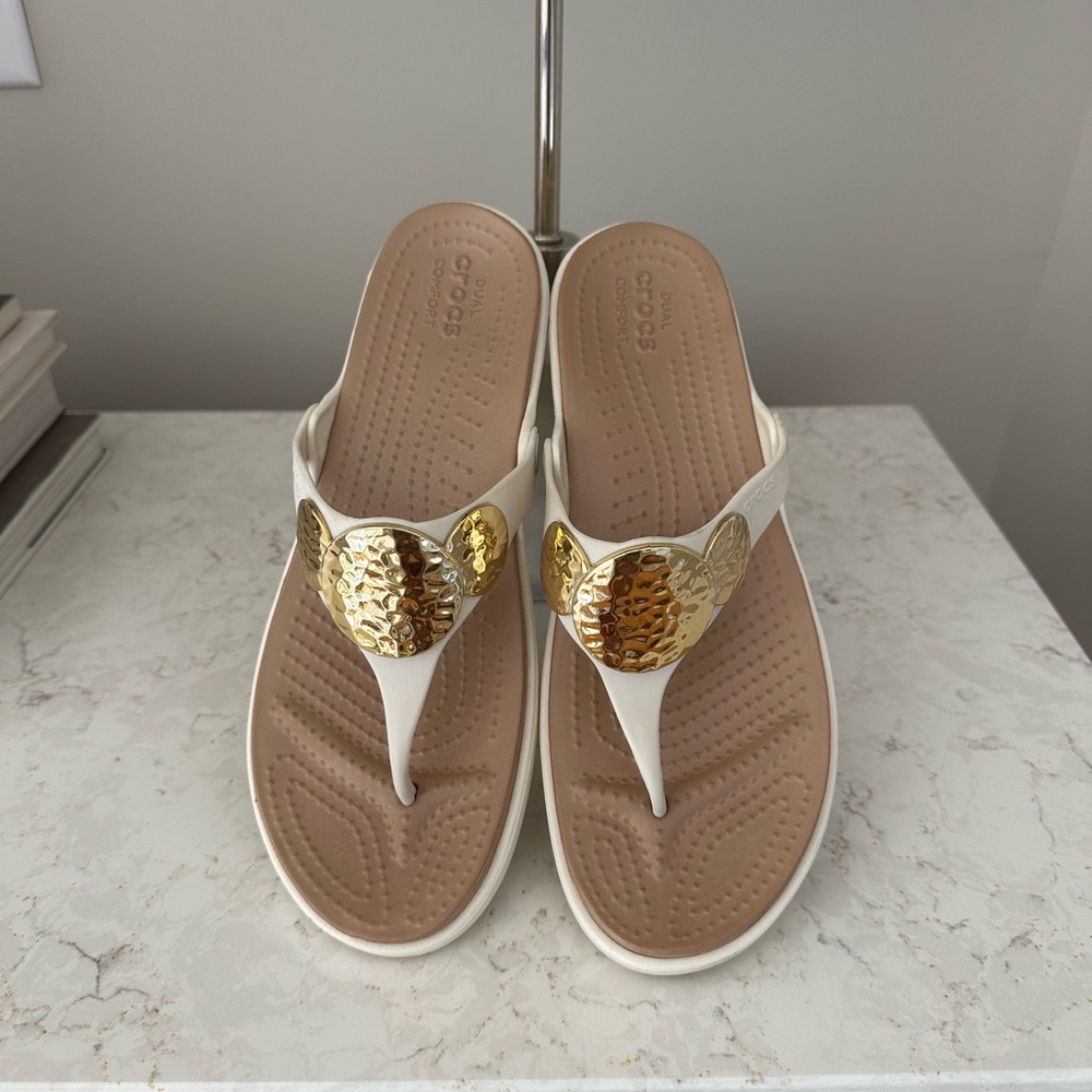 CROCS Gold and Cream Sandals with Metallic Accents